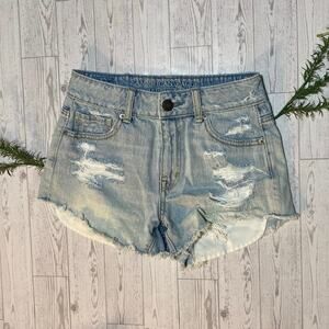 American Eagle High-Rise Distressed Denim Shorts – Light Wash – Size 0
